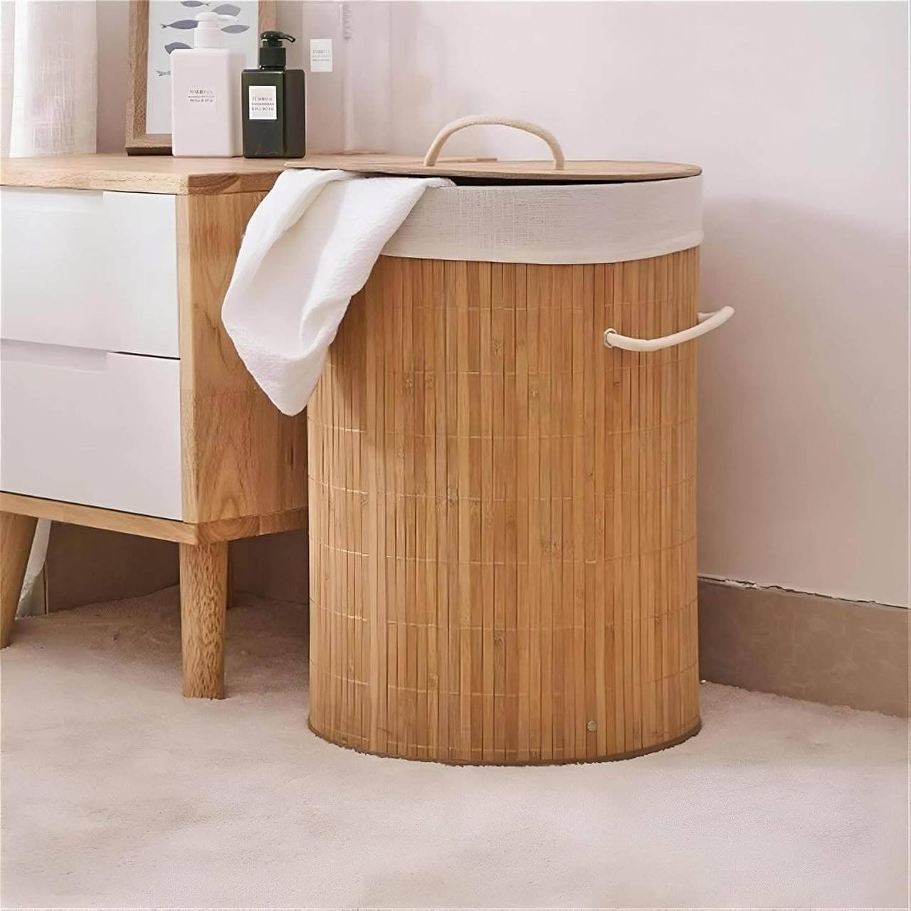 Panier à linge élégant en bois de bambou avec sac de doublure amovible