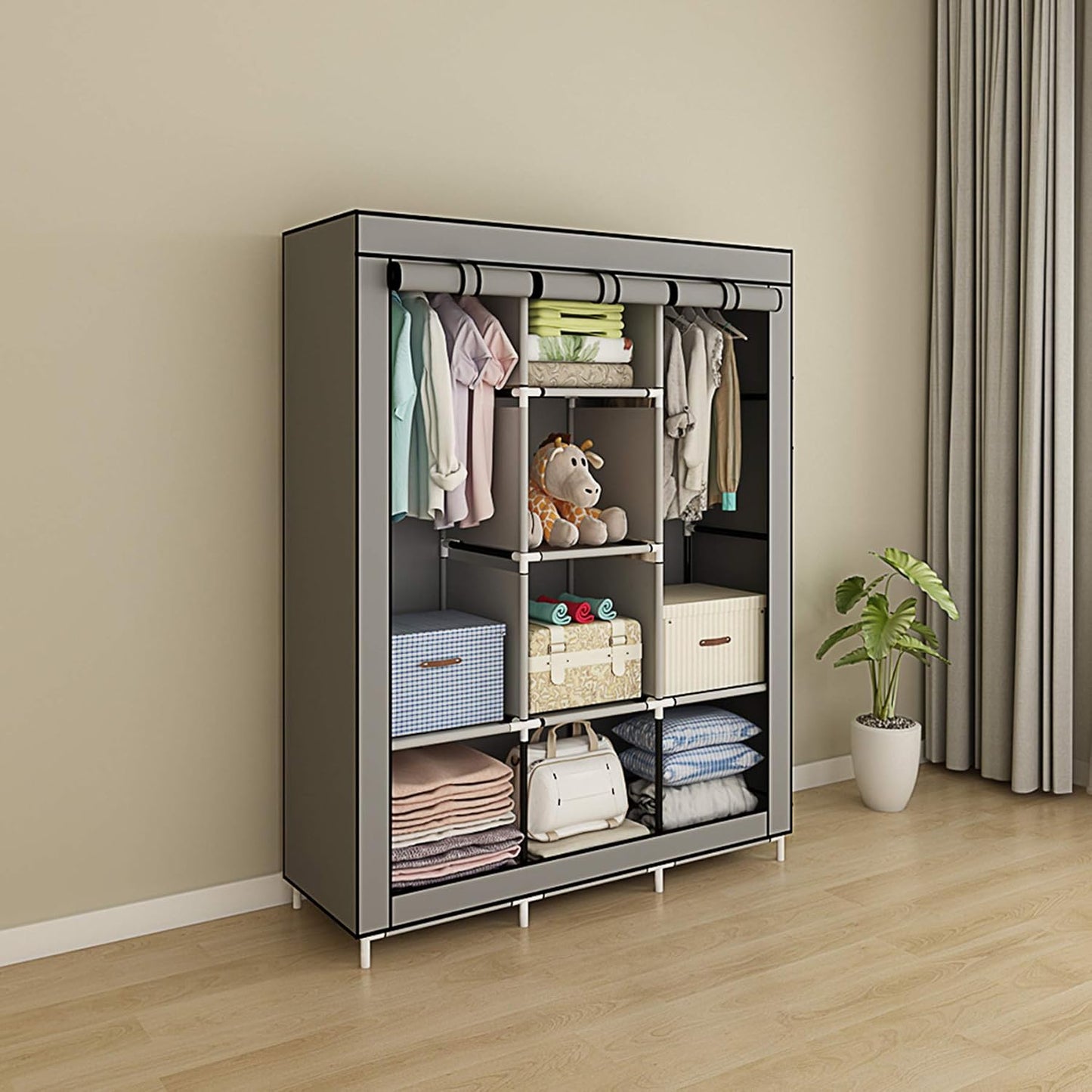 Armoire de Rangement Module en Tissu – 2 Penderies & 8 Étagères