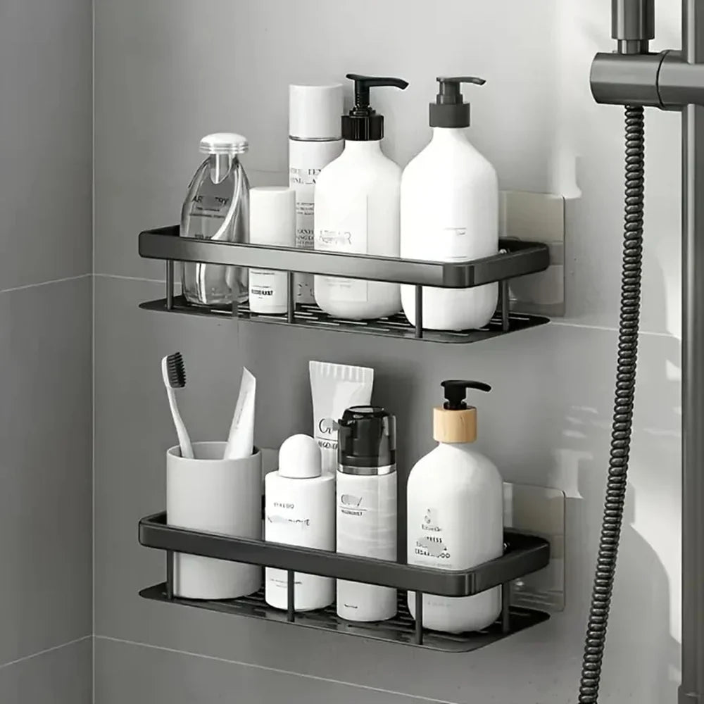 2 Étagères Murale Adhésive en Aluminium – Organisation Sans Perçage pour Cuisine & Salle de Bain